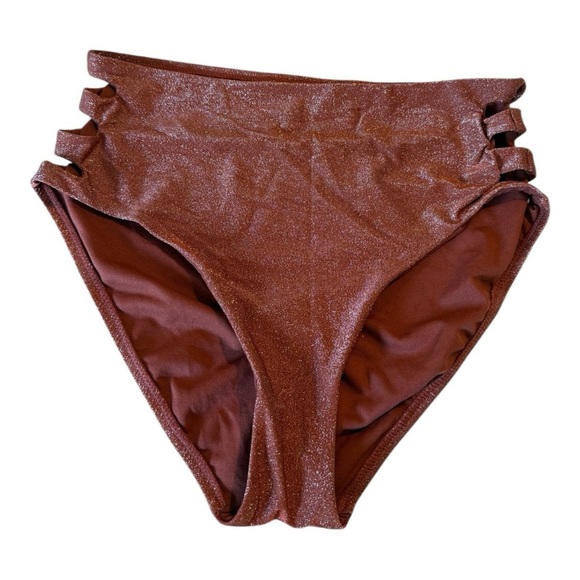 Bar III Shimmer Core Sparkly Brown Hip Slash Cutout High-Waisted Bikini Bottoms - Picture 6 of 15